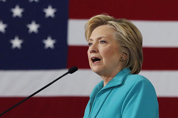 Closeup photo of Clinton speaking at a campaign rally.